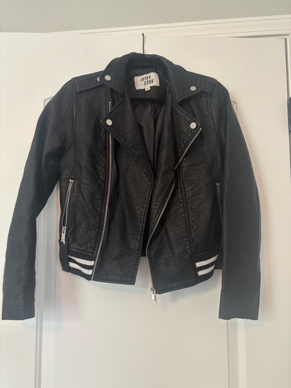 Outer Edge Black Leather Biker Jacket with Striped Hem
